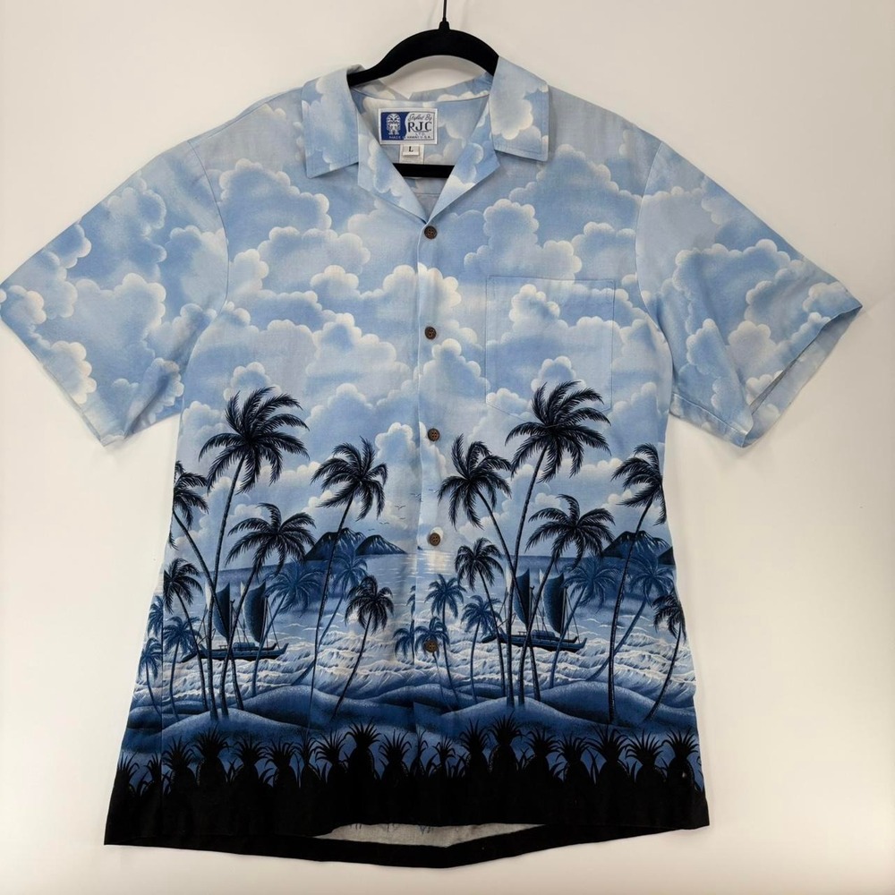 Vintage RJC Hawaiian Shirt Mens Large Palm Tree Beach Clouds AOP Multicolor